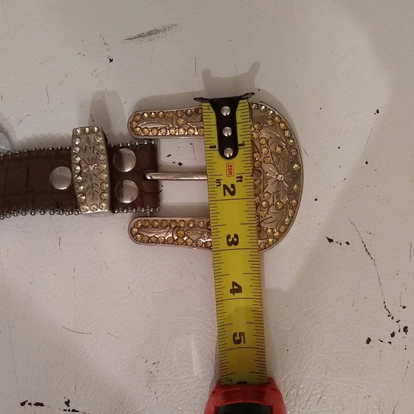 Leather Belt Brown Croc Silver Tone Gold, Amber Rhinestones Fleur De Les 40\